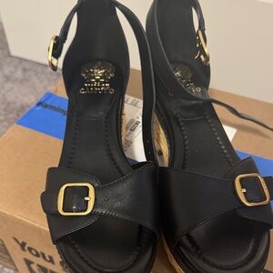 Vince Camuto Black Wedge Sandals with Gold Buckles